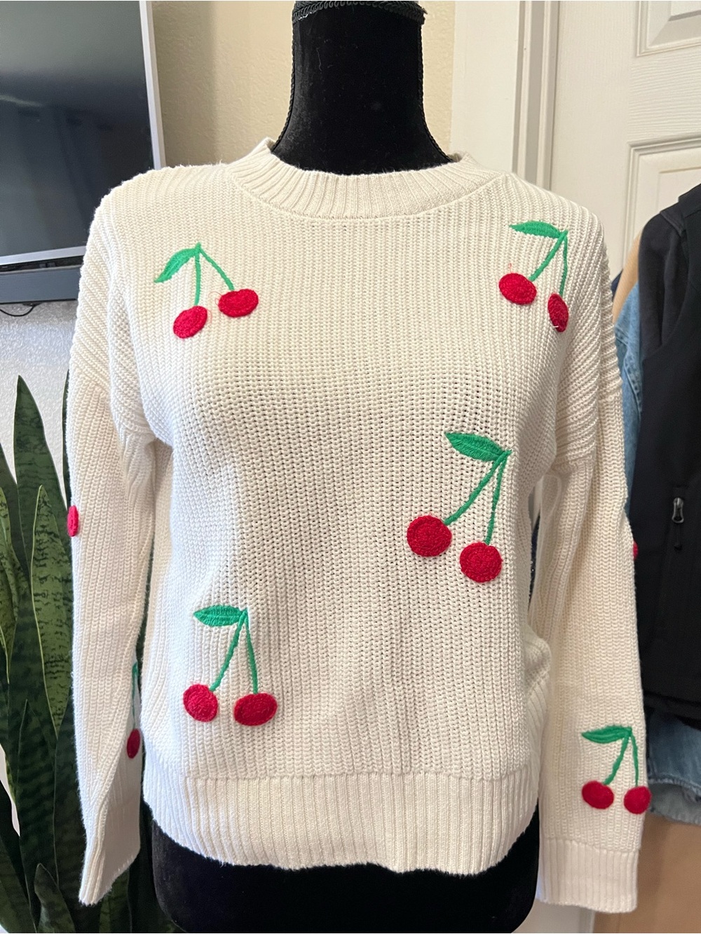 Cynthia Rowley Cream Crewneck Sweater with Red Cherry Embroidery